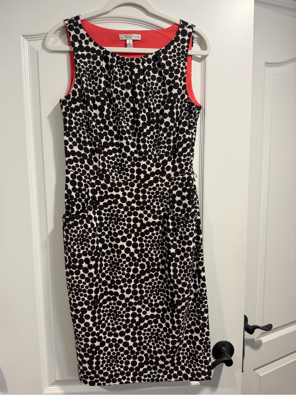 London Times Black and White Polka Dot Midi Dress with Coral Trim